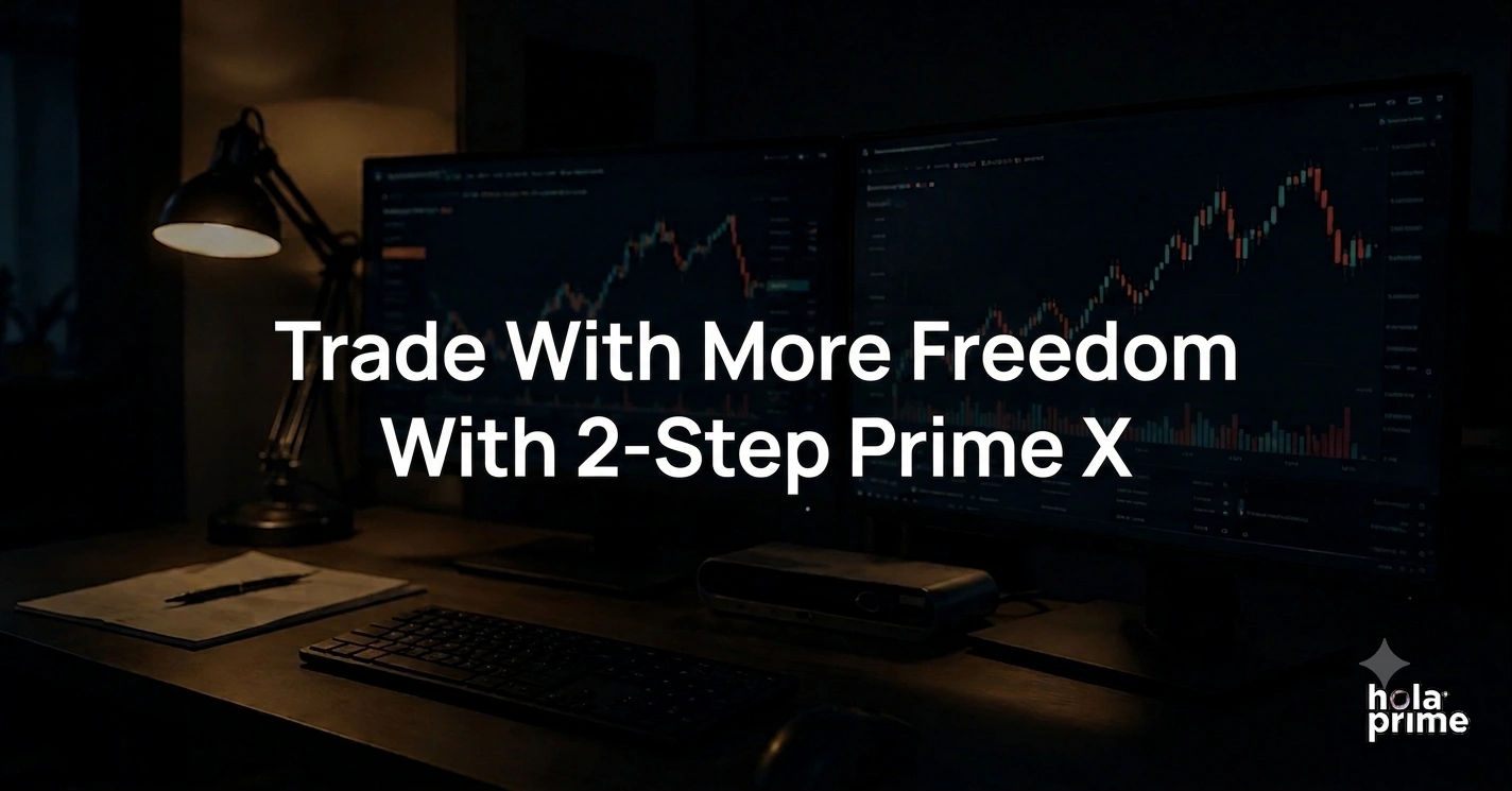 Dark trading desk with dual monitors showing market charts and the white title “2-Step Prime X.”